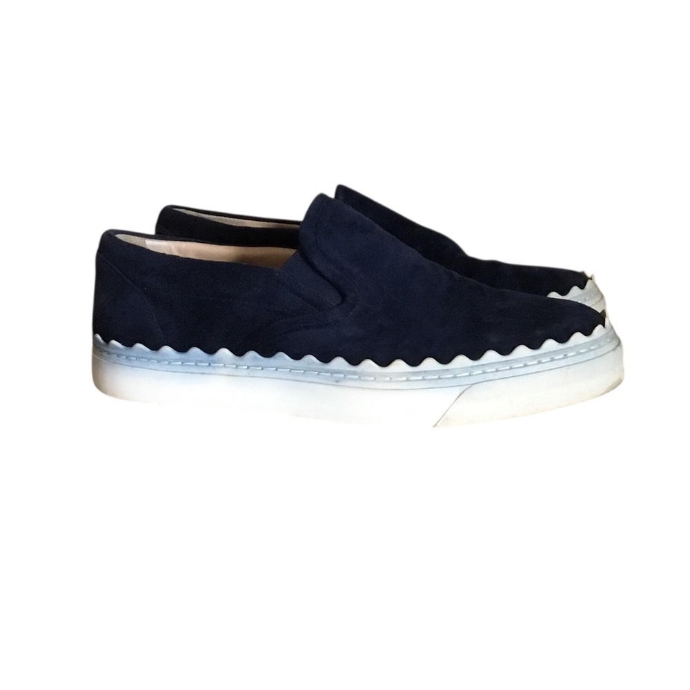 Chloe Ivy Navy Blue Slip On Scalloped Suede Sneakers AS IS